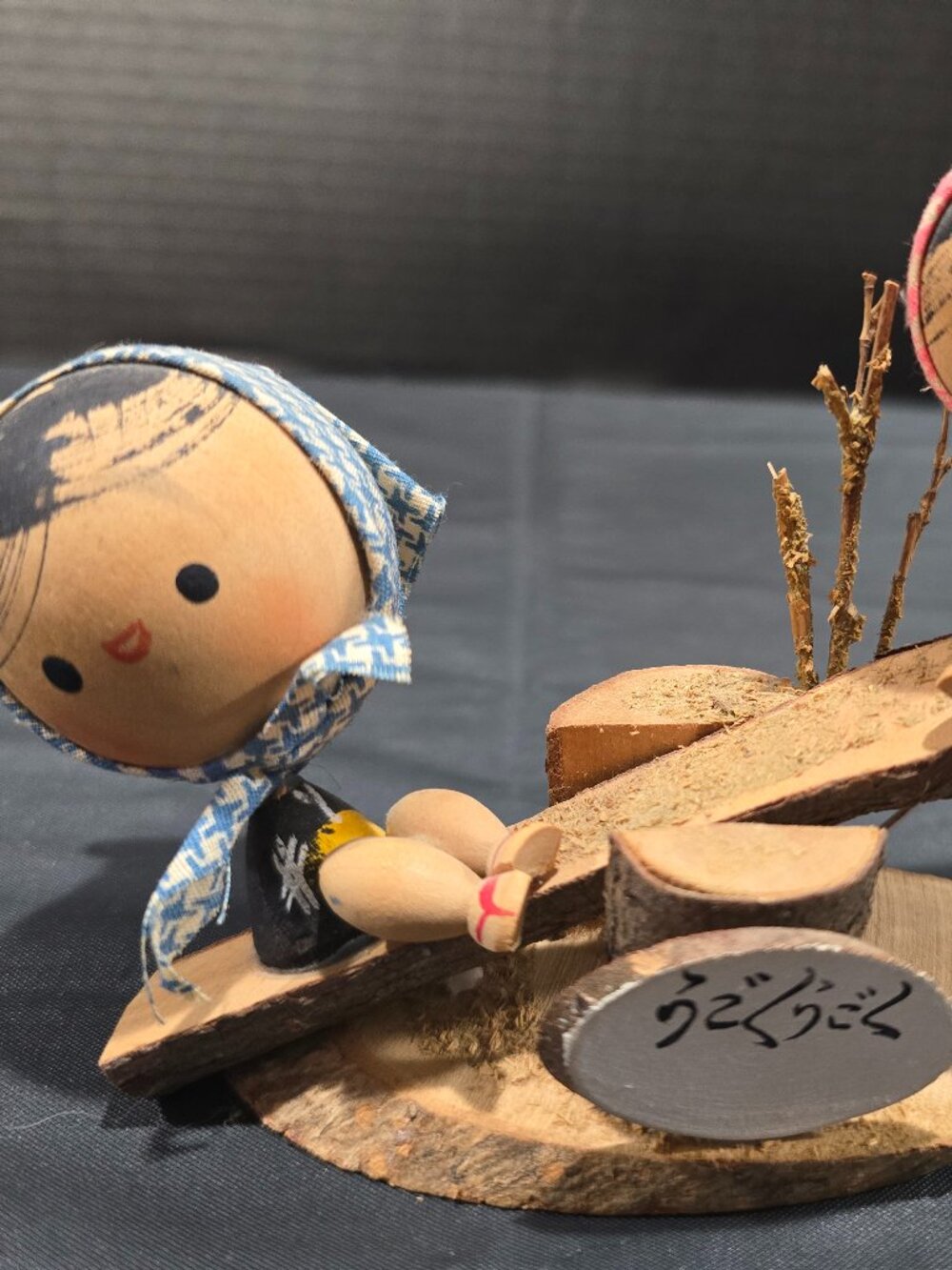 Vintage Japanese Wooden Kokeshi Doll Pair On See-Saw Base 6"